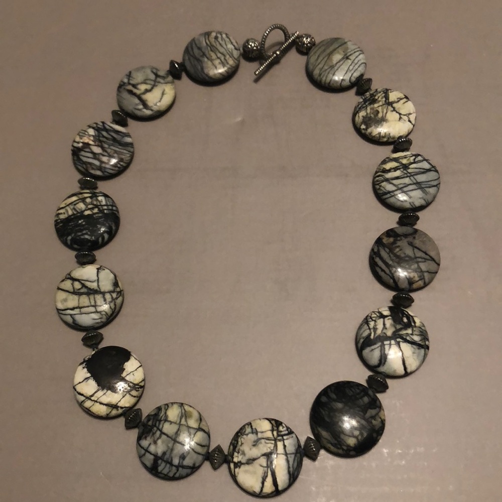 One of a kind stone necklace, black white grey